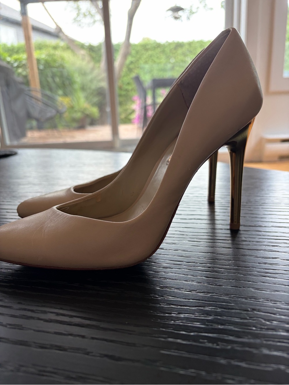 BCBGMaxAzria Nude Pointed-Toe Pumps with Gold Stiletto Heel